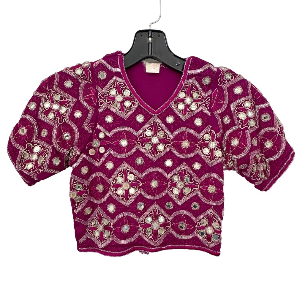 Vintage Mirror Work Choli Crop Top Magenta Beaded Embroidered Boho Festival 26W